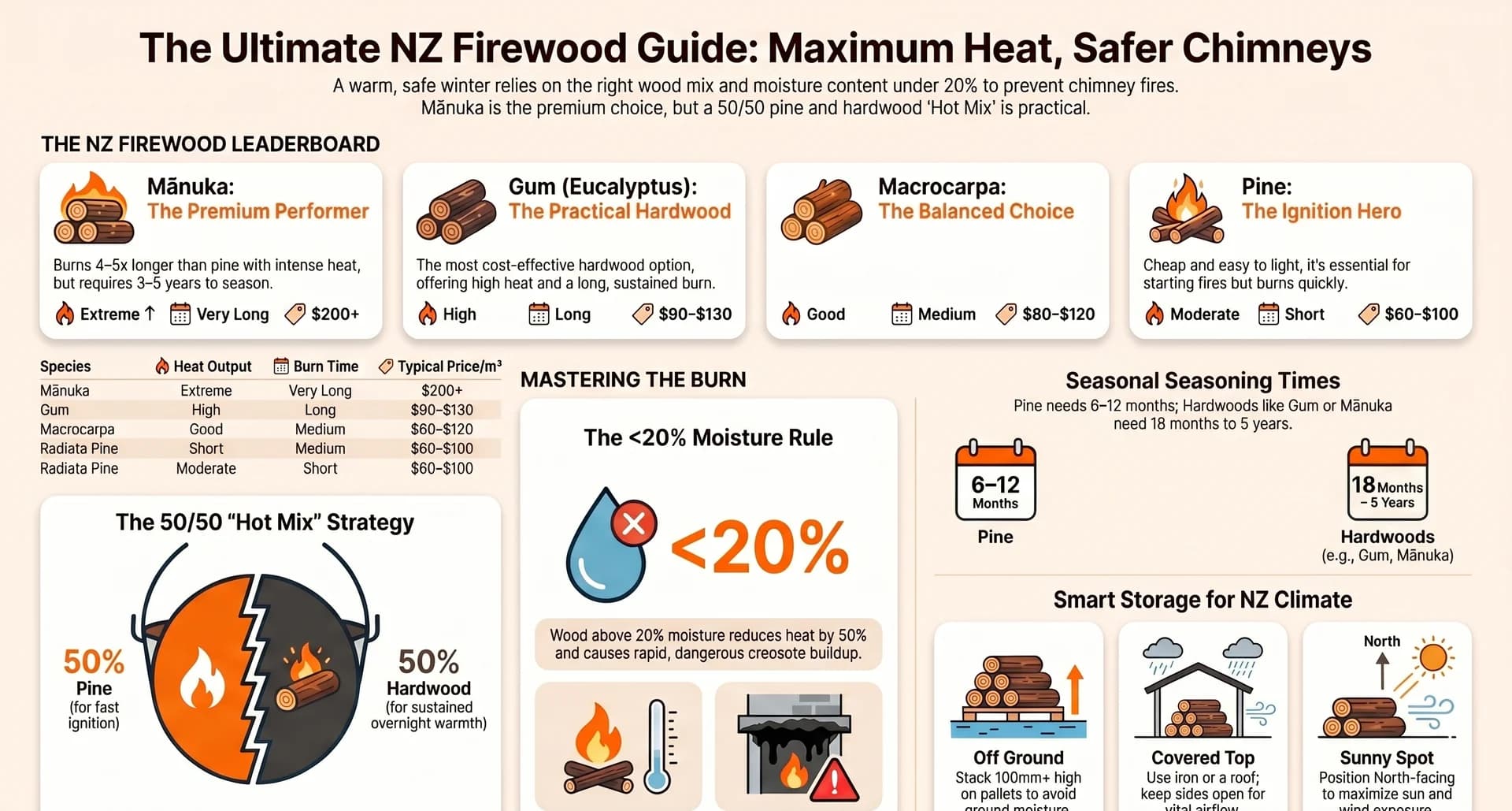 Best Firewood in NZ — Heat, Burn Time & Price (2026) — Infographic