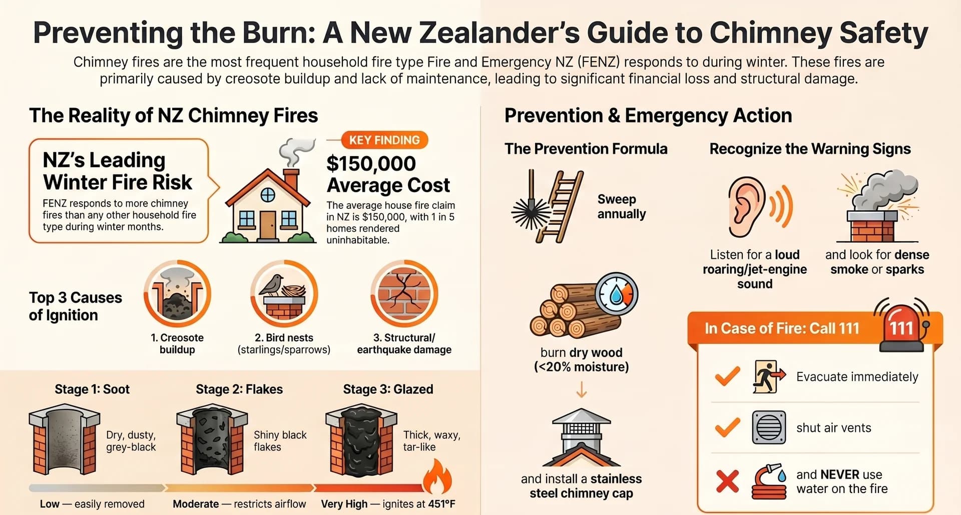 Chimney Fire Causes & Prevention — NZ 2026 — Infographic