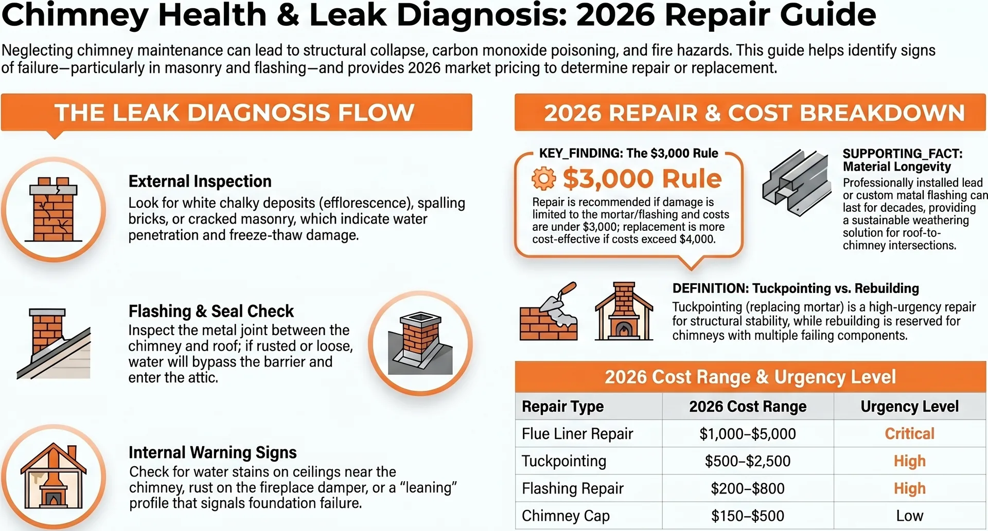 Chimney Flashing Leak Repair NZ — Diagnosis & Costs — Infographic
