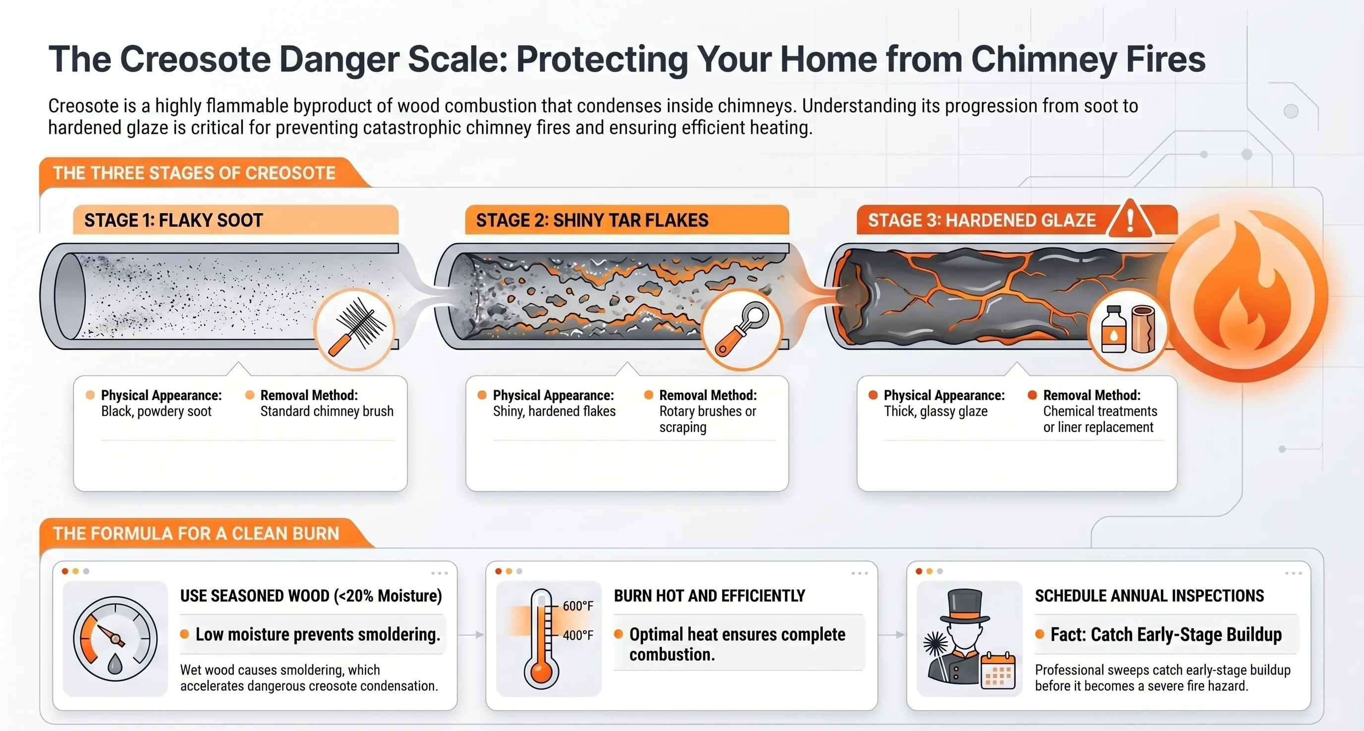 Creosote — The 3 Stages in NZ Chimneys (2026) — Infographic
