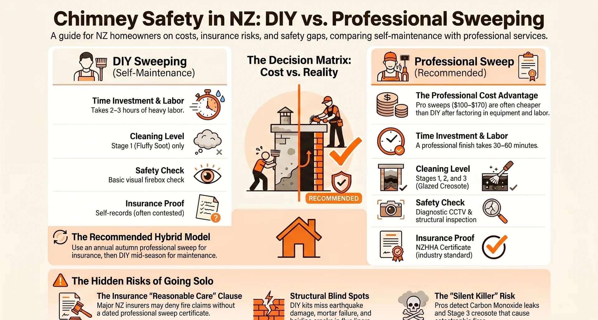 DIY vs Professional Chimney Sweep — NZ 2026 — Infographic