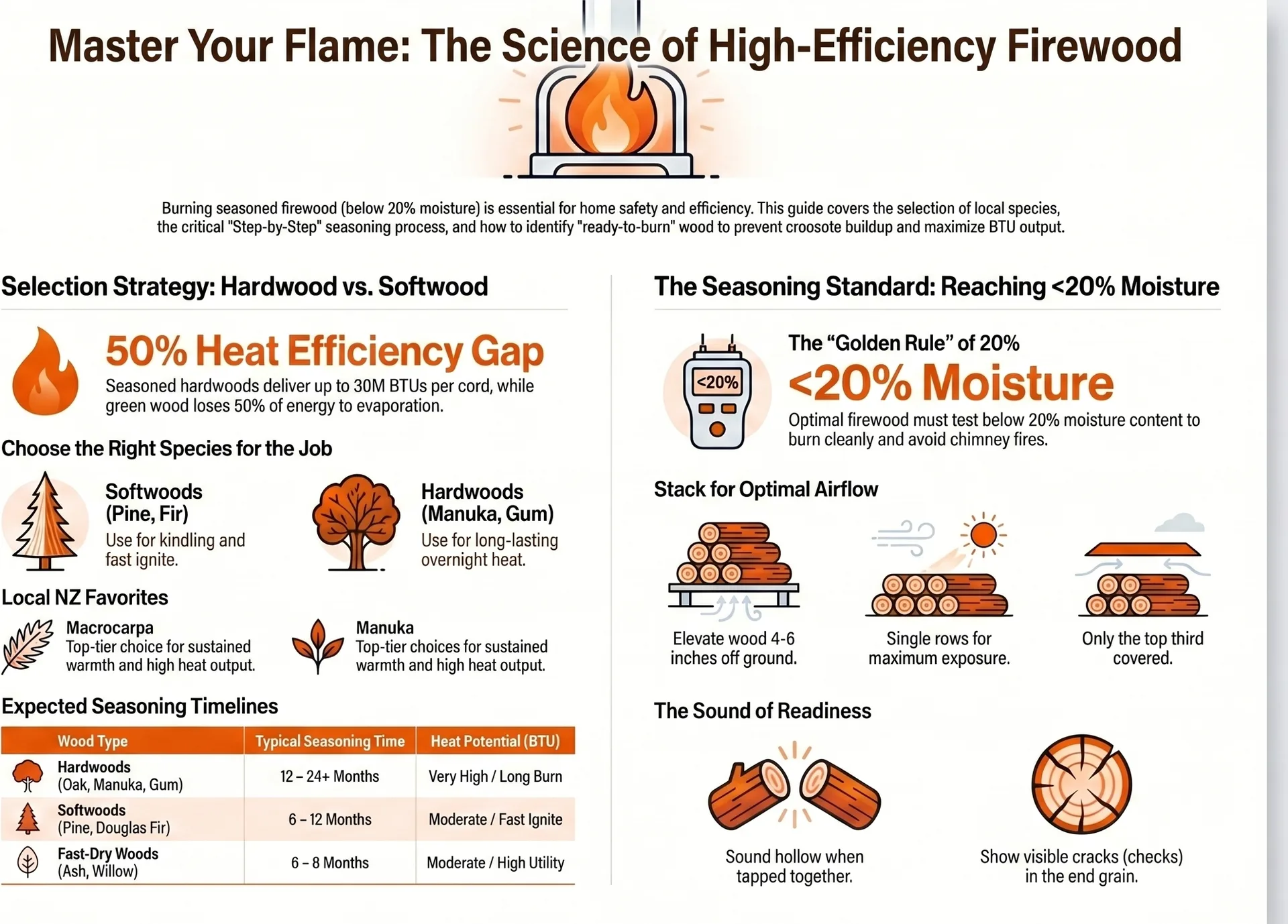 How to Season Firewood NZ — Step-by-Step Guide — Infographic