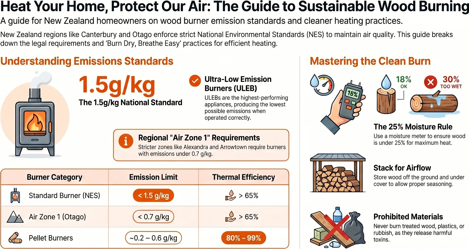 Wood Burner Emission Limits NZ — 2026 Council Map — Infographic